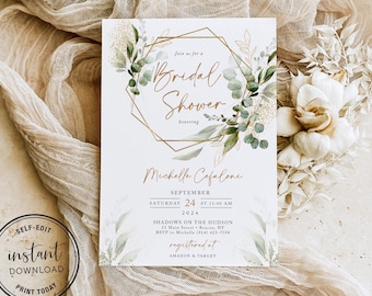 Eucalyptus Bridal Shower Invitation Template, Editable Greenery Bridal Shower Template, Boho Bridal Shower Invite, Botanical Bridal Invite
