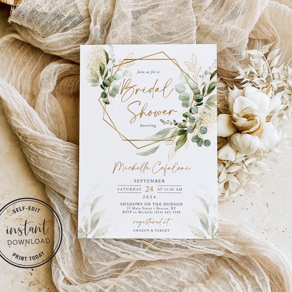 Eucalyptus Bridal Shower Invitation Template, Editable Greenery Bridal Shower Template, Boho Bridal Shower Invite, Botanical Bridal Invite