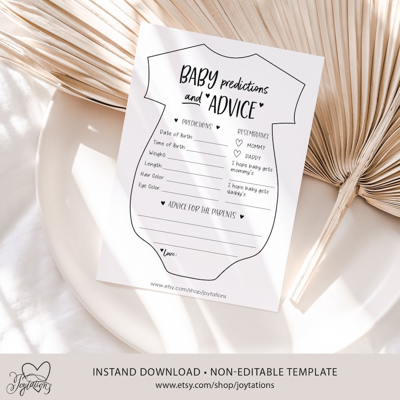 May include: Printable baby shower game card with a white onesie outline. The card has sections for predictions, such as date and time of birth, weight, length, hair and eye color, and resemblance to mom or dad. It also includes a section for advice for the parents.
