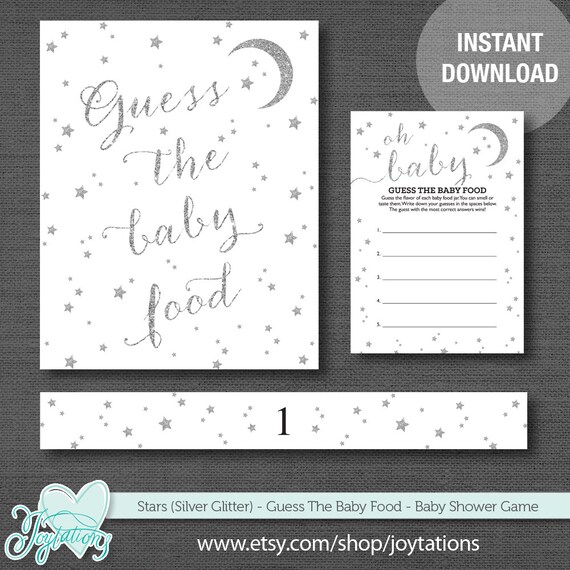 Silver Glitter Stars Guess The Baby Food Baby Shower Game Printable, Baby Food Guessing Game, Boy, Girl, Gender Neutral, Gender Reveal, 5S Il_570xn