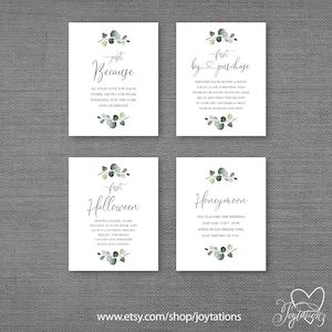 May include: Four printable cards with a green leafy design and text that reads "just because", "first big purchase", "first Halloween", and "Honeymoon".