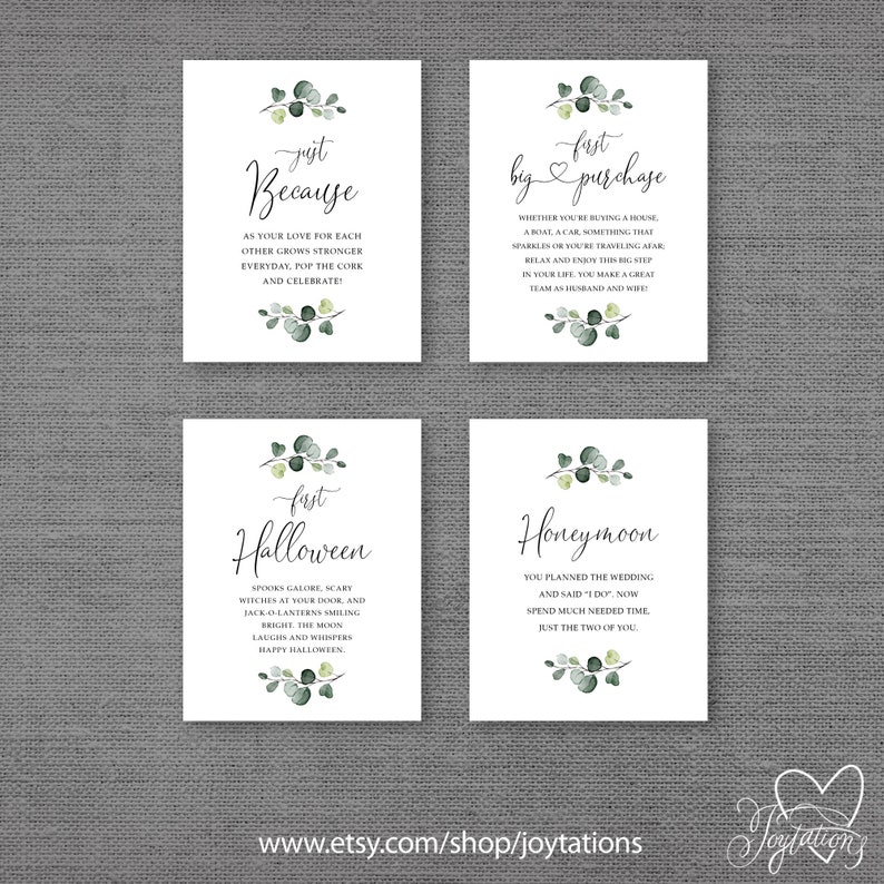 May include: Four printable cards with a green leafy design and text that reads "just because", "first big purchase", "first Halloween", and "Honeymoon".