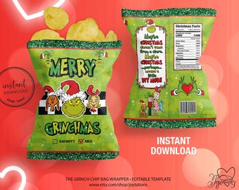 The Grinch Christmas Chip Bag Wrapper Printable, The Grinch Treat Bag, Grinchmas Chip Bag, Grinchmas Treat Bag, Grinch Candy Bag, 1G
