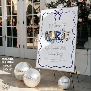 May include: A white sign with a navy blue border and text that reads "Welcome to NURSE". The word "NURSE" is decorated with a leopard print, blue flowers, and medical symbols. The sign is for a graduation party and is available in 18"x24" and 24"x36" sizes.