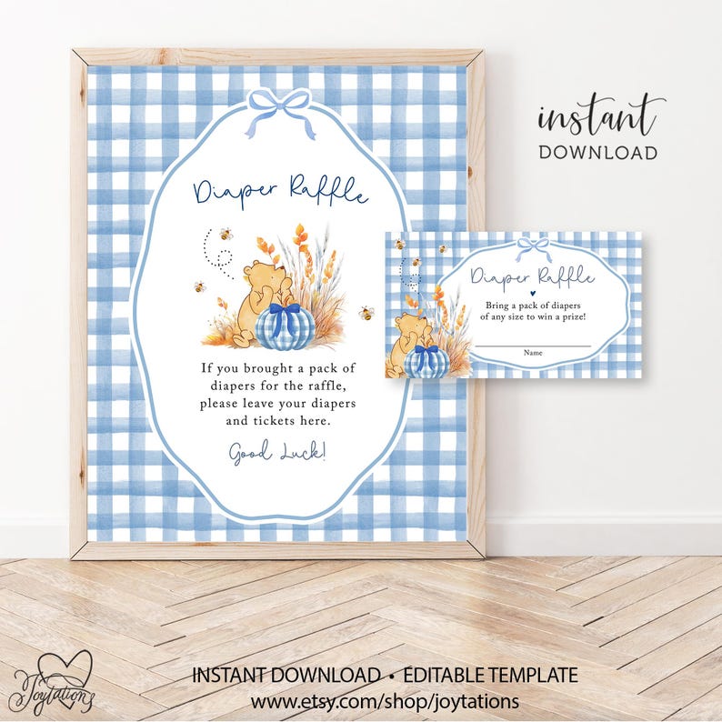 May include: A diaper raffle sign and matching card featuring a blue and white gingham pattern, a watercolor illustration of a bear with a blue pumpkin, wheat stalks, and bees. The text reads Diaper Raffle, Good Luck, and instructions.
