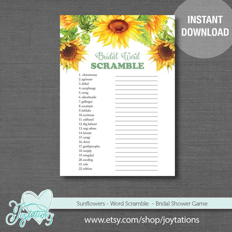 sunflowers word scramble bridal shower game printable word etsy