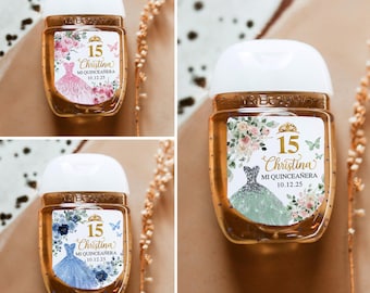 Etiquetas de desinfectante de manos Quinceañera impresas, pegatinas Mis quince años, Mis XV Años, pegatinas de agradecimiento por 15 años, Rosa, Azul, Verde, Oro 1Q