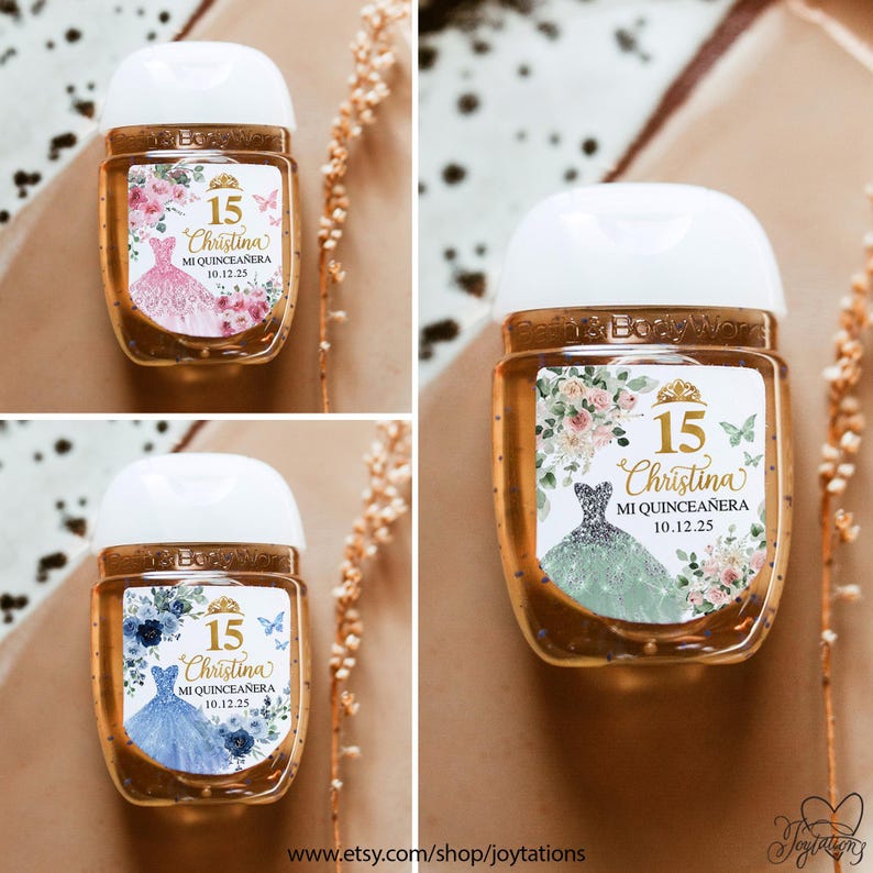 May include: Three small, clear hand sanitizer bottles with white tops. Each bottle has a decorative label featuring a quincea&ntilde;era dress, the number 15, the name "Christina", and the date 10.12.25. Floral and butterfly accents complete the design.