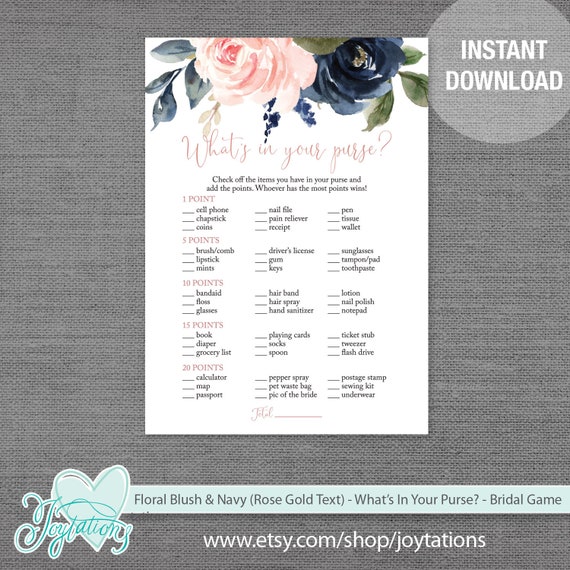 Floral What's In Your Purse Bridal Shower Game Printable, Blush Navy and Rose Gold, Rustic, Wedding, Lingerie Shower, 5F Il_570xn