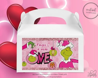 She's A Mean One First Birthday Gable Box Label Template, Pink Grinch 1st Birthday Goodie Treat Box Label, Kids Birthday, Goodie Box, 1G