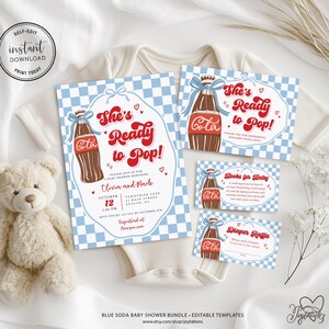 She's Ready to Pop Baby Shower Invite Bundle, Boy Blue Bow Whimsical Vintage Hand Drawn Soda Pop Theme, Soda Pop Boy Baby Shower Ideas, 3C imagen 5