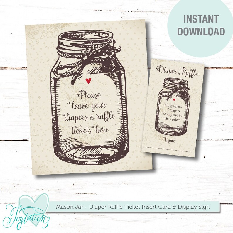 Mason Jar Diaper Raffle Ticket Insert Card and Sign Printable Etsy
