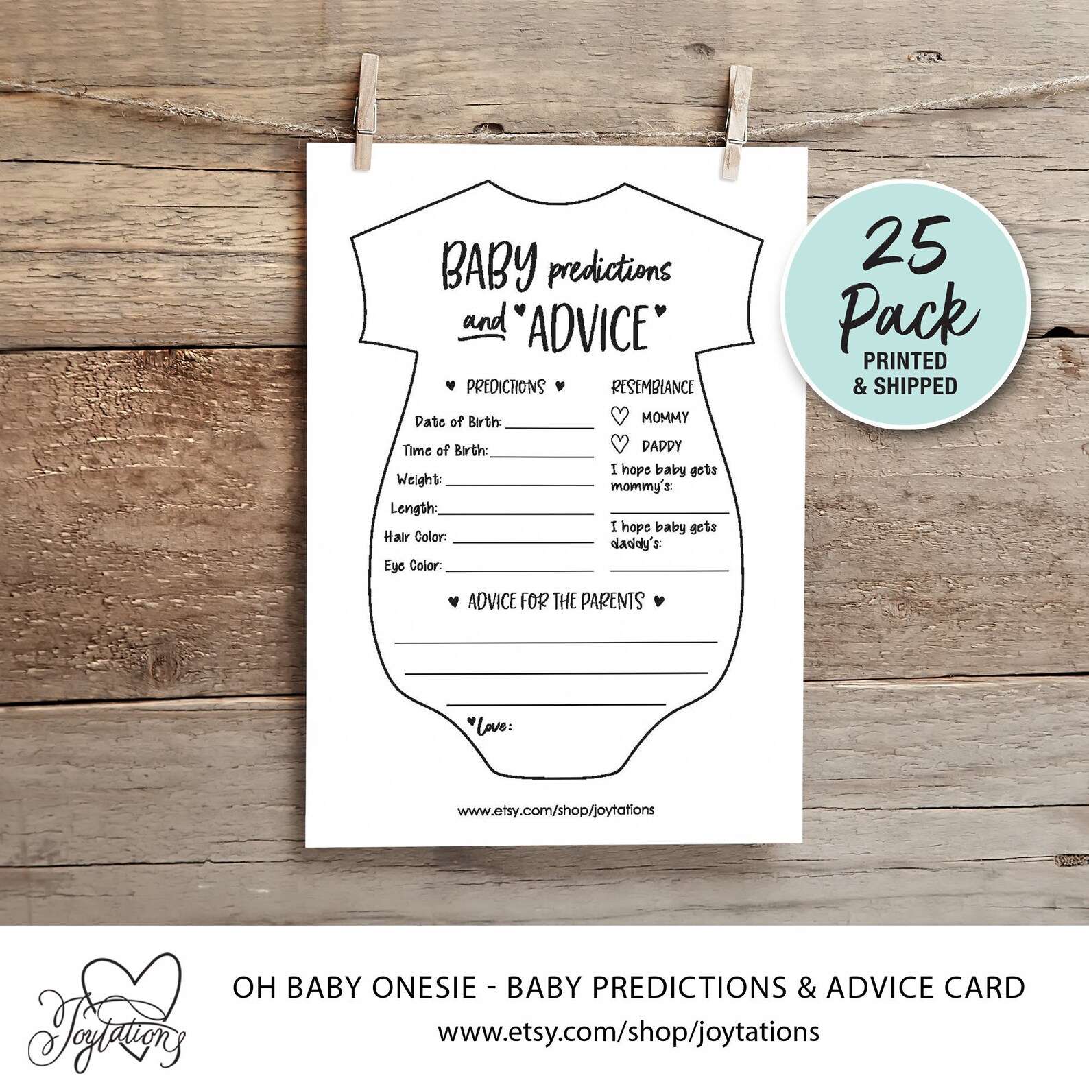 25 PACK PRINTED Onesie Baby Predictions and Advice Cards Etsy