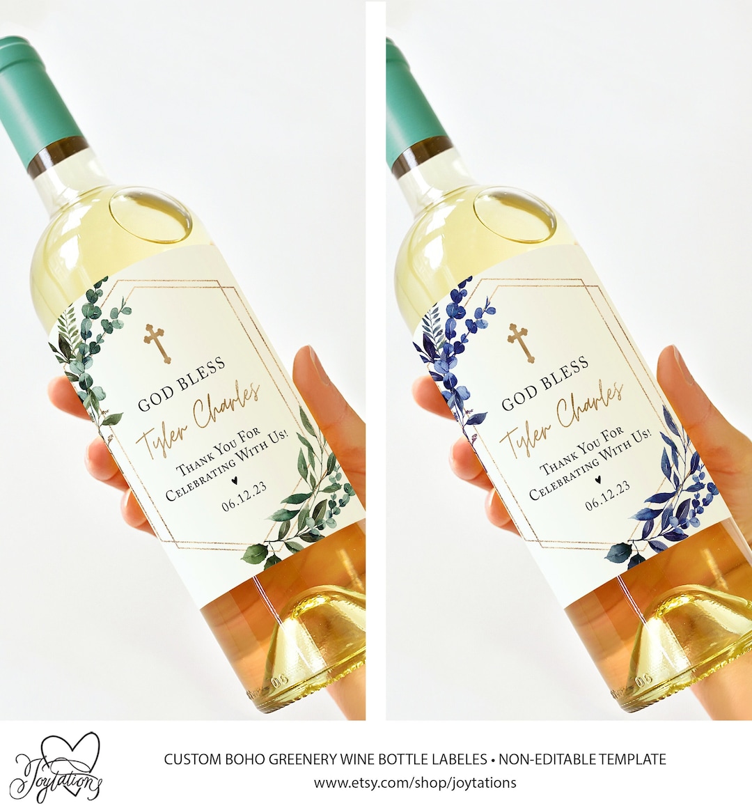 Boho Greenery Baptism Wine Bottle Label Printed Christening Etsy