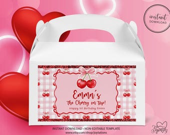 She's The Cherry On Top Birthday Gable Box Label Template, Cherry 1st Birthday Goodie Treat Box Label, Kids Cherry Birthday, Goodie Box, 2T