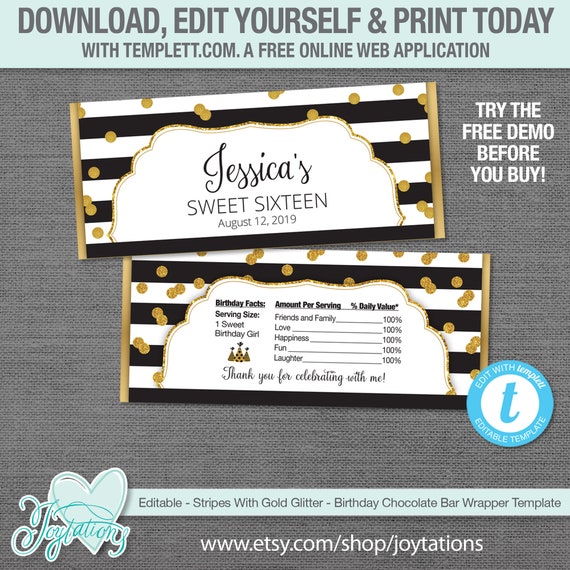 Editable Stripes Birthday Chocolate Bar Wrapper Templates In Gold and Silver, Instant Download, Hersheys Wrapper, Candy Bar Wrapper, 60G Il_570xn