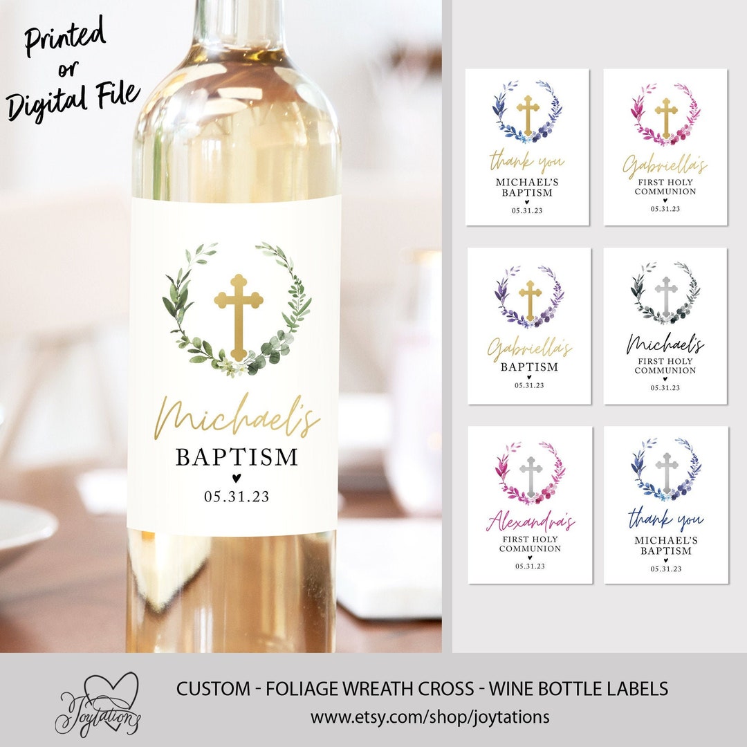 Foliage Baptism Wine Bottle Label Printed, Christening Wine Labels, Communion Wine Labels