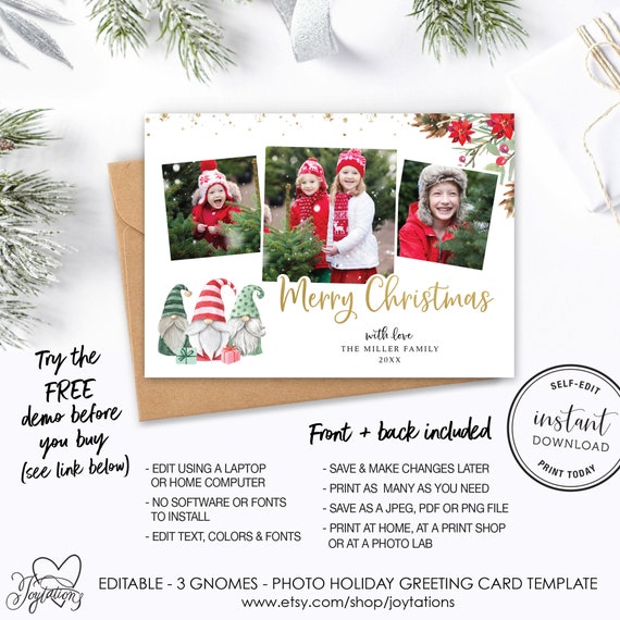 Gnomes Photo Christmas Card Template, Printable, Instant Download, Photographs, Pictures, Holiday Card, Photos, Landscape, Greeting Card, 2G Il_570xn