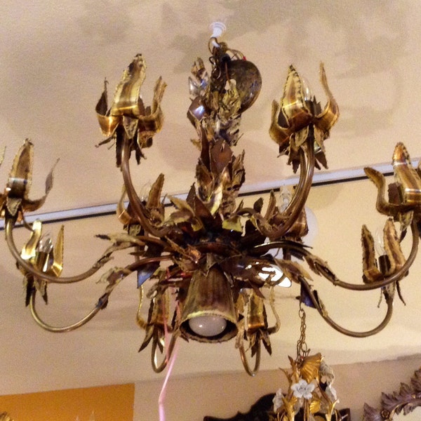 T.A. Greene Attributed Brutalist Chandelier, Vintage Lighting, 1970s Iconic Lighting, 12-arm Torch Cut Brass - Scottsdale Marketplace #198