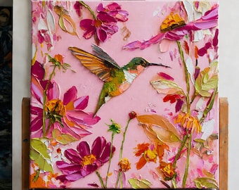 Oljemålning med kolibri och rosa blommor | Väggkonst med livfull botanisk textur på canvas | Modern heminredning | 100 % handmålad 3D Impasto