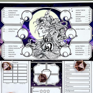 May include: A character sheet for a tabletop role-playing game, featuring a black and white illustration of a woman with horns and long hair. The sheet includes spaces for character stats, skills, weapons, and inventory. There are also several copper-colored dice with intricate designs.
