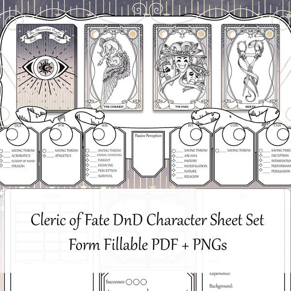 Cleric DnD 5e Character Sheet | DnD Character Journal | Dungeons and Dragons | DnD Fillable PDF | DnD Notebook | TTRPG | Tarot Cards