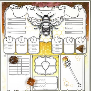 May include: A printable Dungeons and Dragons character sheet with a bee illustration. The sheet is designed for a bee-themed character and features a honeycomb pattern. The sheet includes spaces for character information, stats, abilities, and inventory.
