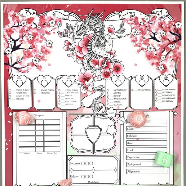 Feuille de personnage Cherry Blossom DnD 5e | Journal des personnages DnD | Donjons et Dragons | PDF remplissable DnD | Carnet DnD | TTRPG | Dragon