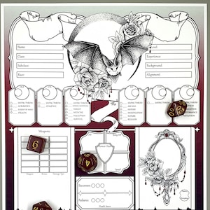 Può includere: Un foglio di personaggio stampabile per un gioco di ruolo da tavolo. Il foglio presenta un'illustrazione in bianco e nero di un pipistrello con rose e una luna sullo sfondo. Il foglio ha sezioni per le informazioni sul personaggio, le abilità, le competenze e l'inventario.