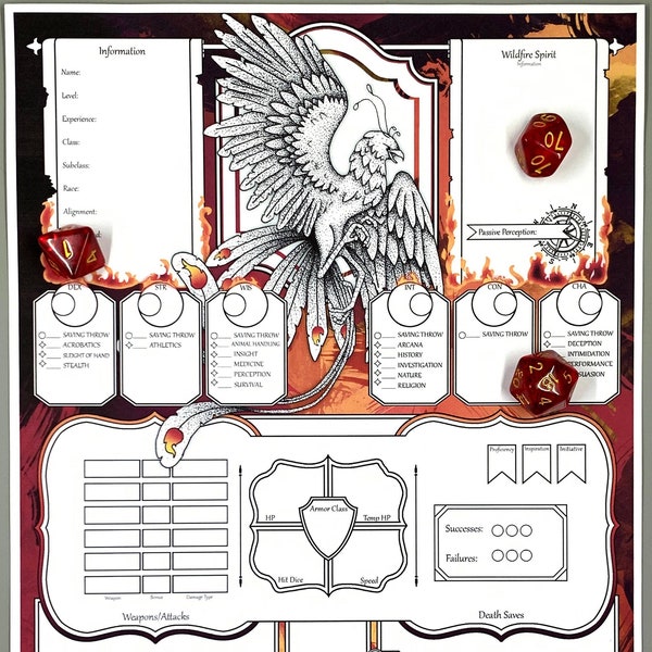 Phoenix DnD 5e Character Sheet | DnD Character Journal | Dungeons and Dragons | DnD Fillable PDF | DnD Notebook | TTRPG | Wildfire Druid