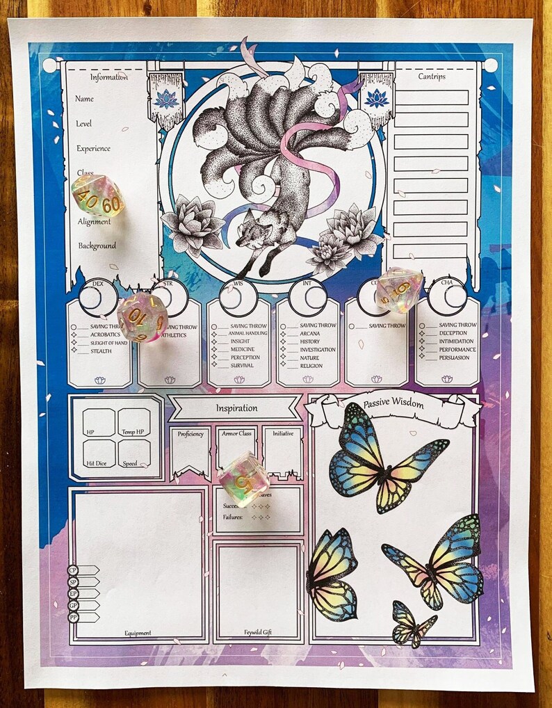Dnd Character Sheet Ranger Fey Wanderer Kitsune Lotus Etsy