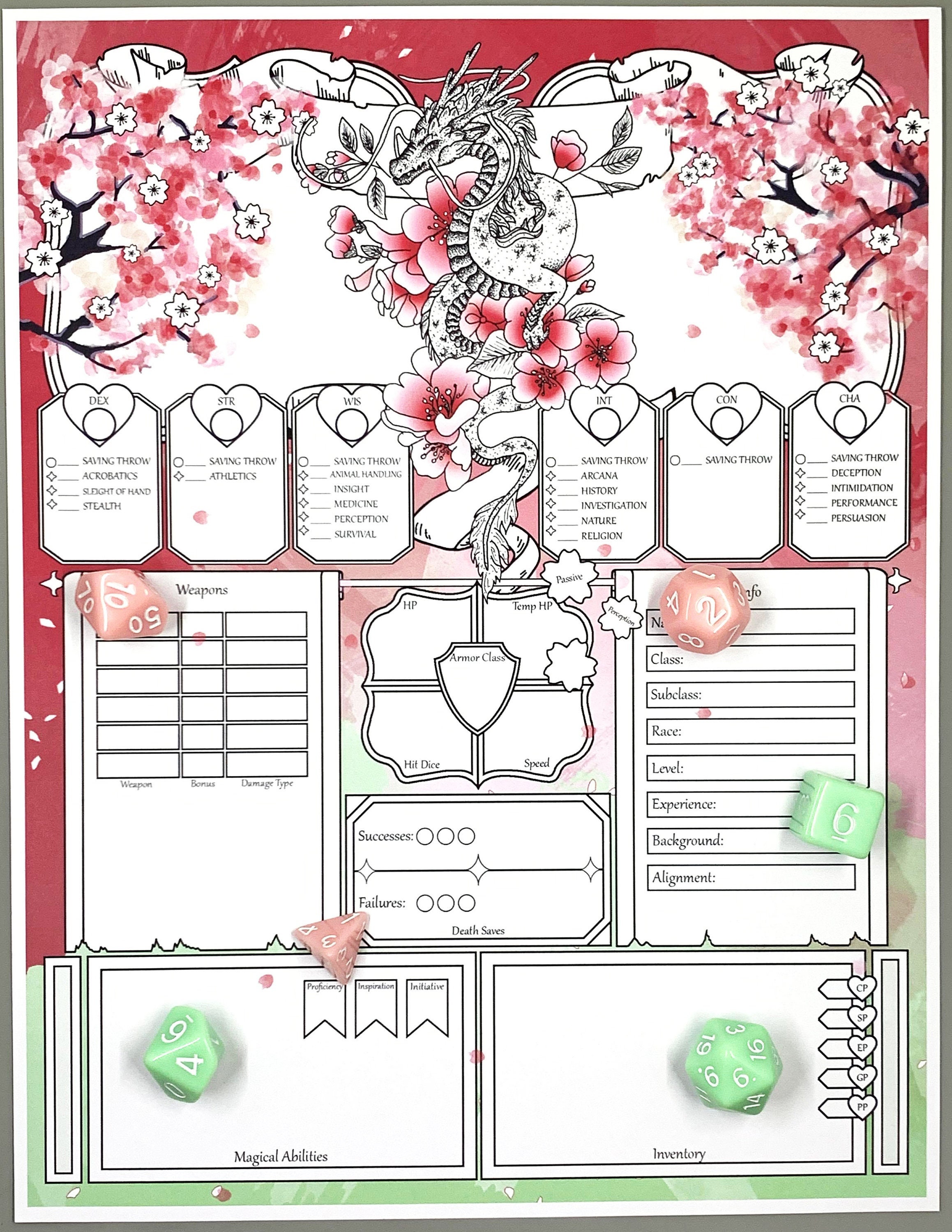 Cherry Blossom Dragon DnD 5e Character Sheet Digital Download