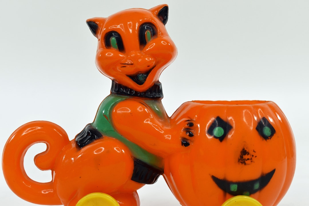 Rosbro Halloween Cat and Pumpkin on Wheels Candy Container - Etsy