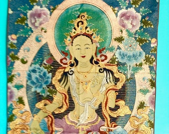 WHITE TARA with BLUE Lotus Tangha Wallhanging