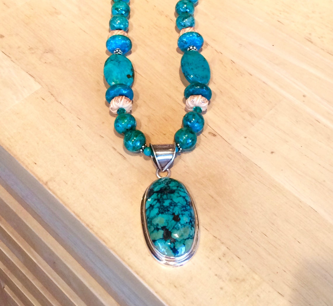 Stunning Natural Turquoise Long Necklace With Large Pendant Etsy