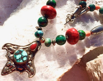 TIBETAN TURQUOISE and CORAL Pendant With Crysachola Beads