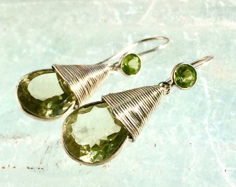 PERIDOT GREEN QUARTZ Long Hook Earrings