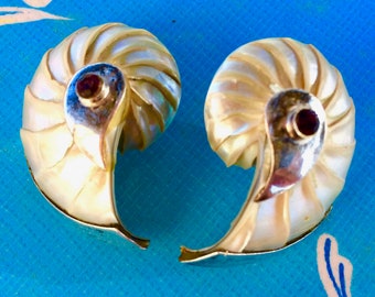 SHELL EARRINGS SET in Sterling with Garnet at Center