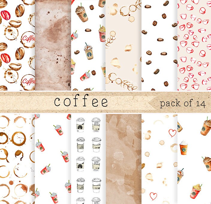 Coffee watercolor digital paper: brown scrapbooking patterns with bea…