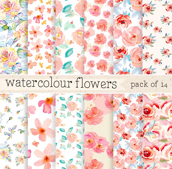 Watercolor Flowers digital Paper: Pattern Background Set, Scrapbook T…
