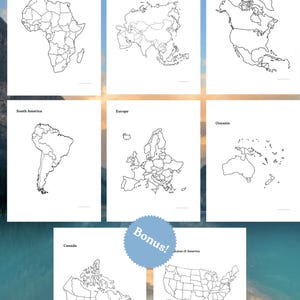 Peut inclure: Ensemble de cartes en noir et blanc des continents et des pays, dont l'Afrique, l'Asie, l'Amérique du Nord, l'Amérique du Sud, l'Europe, l'Océanie, le Canada et les États-Unis d'Amérique. Un cercle bleu avec le mot "Bonus!" est également présent.