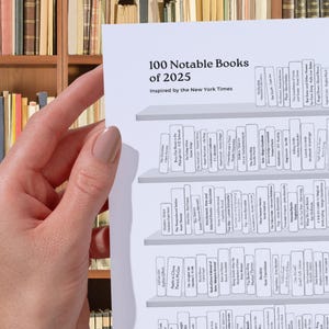 Könnte beinhalten: Eine gedruckte Liste mit dem Titel "100 Notable Books of 2025", inspiriert von der New York Times. Die Liste wird vor einem Bücherregal mit verschiedenen Büchern gehalten. Die Liste enthält Buchtitel und Autorennamen.