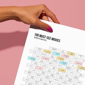 May include: A white poster with the title "100 Must-See Movies" inspired by IMDb votes. The poster features a grid of movie titles in colourful ticket stubs.