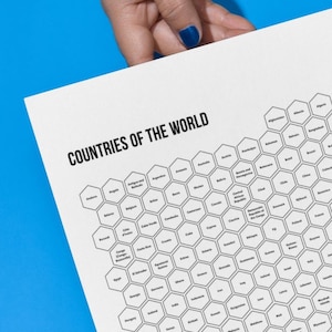 May include: A white print titled "COUNTRIES OF THE WORLD" with a blue background. The print features a hexagonal grid with country names. A hand with blue nail varnish holds the print.