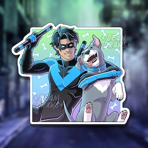 May include: A sticker featuring a superhero in a black and blue suit, holding two batons, and hugging a gray dog with a blue collar. The background has a bone pattern and the text "DEAN DRAWS+".