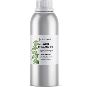 May include: A silver bottle of wild oregano oil with a white cap. The label reads "OREGAVIT WILD OREGANO OIL Origanum Vulgare 100% PURE Min. 86% Carvacrol 500ml / 16.9fl.oz"
