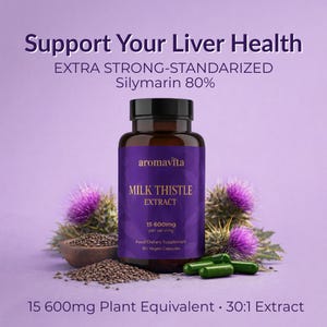 May include: A brown bottle of "Milk Thistle Extract" capsules with a purple label, surrounded by milk thistle flowers and seeds. The label reads "aromavita" and "15 600mg per serving". The text "Support Your Liver Health" is at the top.
