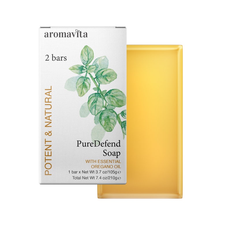 This image showcases Aromavita’s PureDefend Soap, featuring two potent and natural bars infused with essential oregano oil. The soap is designed to cleanse and protect, offering a natural defense with the antimicrobial properties of oregano oil.