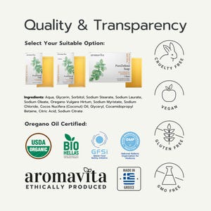 Aromavita PureDefend Soap options shown, featuring vegan, cruelty-free, and GMO-free certifications. Made with essential oregano oil, coconut oil, and glycerin. USDA Organic and Bio Hellas certified for premium natural quality.