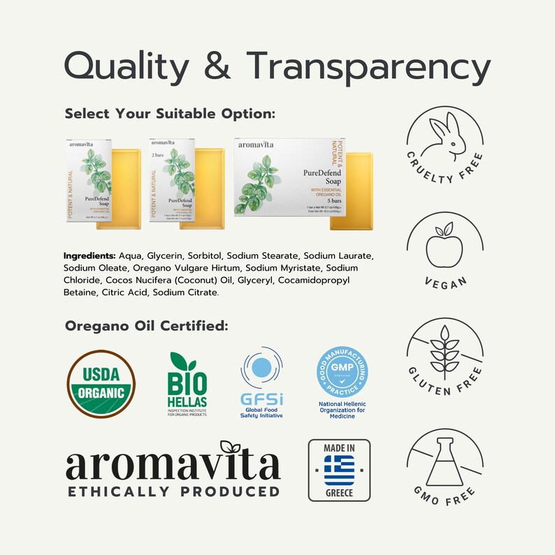 Aromavita PureDefend Soap options shown, featuring vegan, cruelty-free, and GMO-free certifications. Made with essential oregano oil, coconut oil, and glycerin. USDA Organic and Bio Hellas certified for premium natural quality.